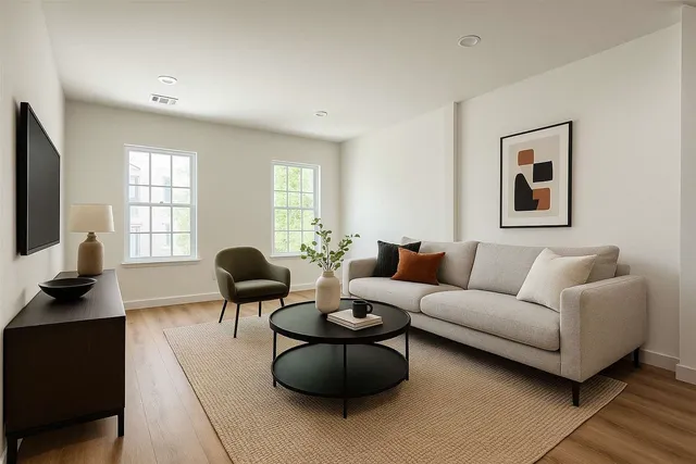 a living room with furniture a flat screen tv and a large window