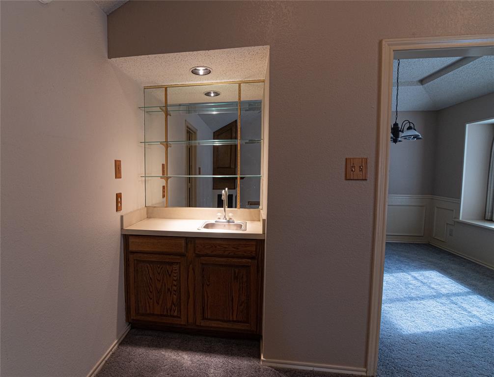 2028 Falcon Ridge Drive, Unit B Carrollton, TX 75010 - Photo 11 of 11 Bathroom with dark carpet, vanity, a textured wall, a wainscoted wall, and a decorative wall