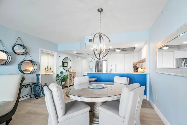 a view of a dining room with furniture