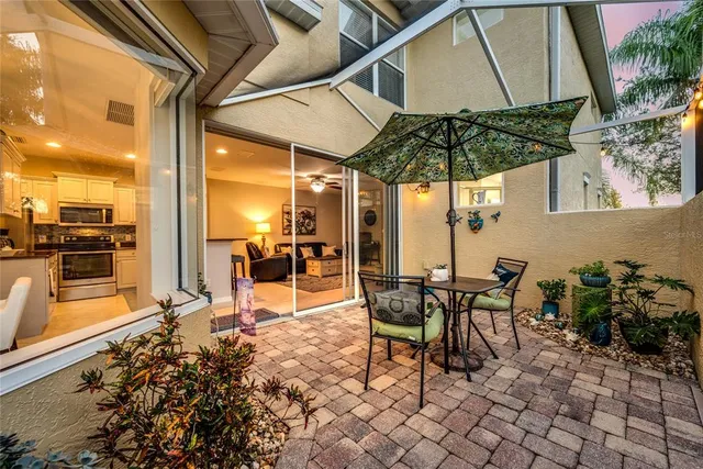 an outdoor space with seating