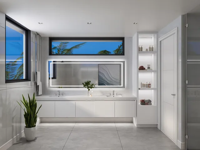 a living room with a sink and a potted plant