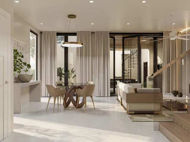 a living room with furniture and large windows