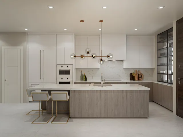 a large kitchen with stainless steel appliances kitchen island granite countertop a sink and cabinets