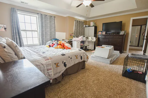 a bedroom with a bed couch tv and a window