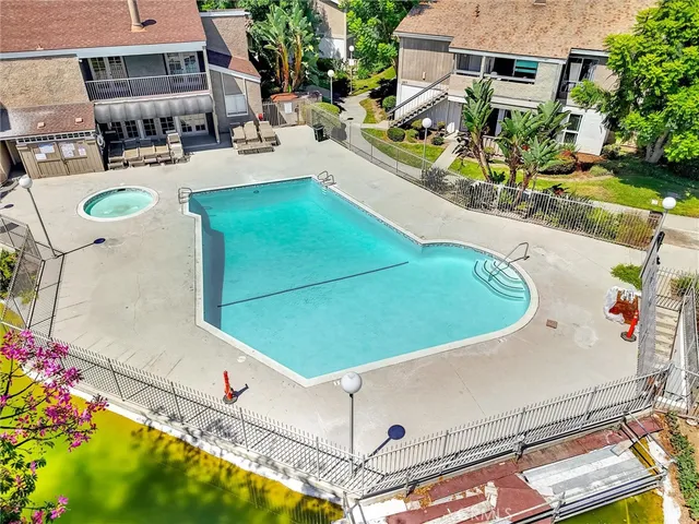 an aerial view of a swimming pool