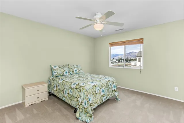 a bedroom with a bed and a ceiling fan