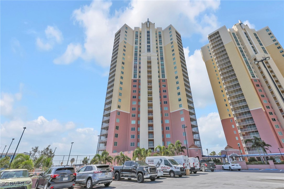a city view with tall buildings