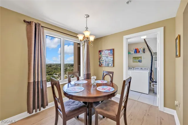 a view of a dining room with furniture window and outside view