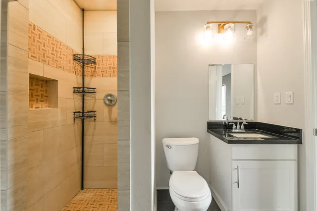 a bathroom with a granite countertop sink a toilet and shower