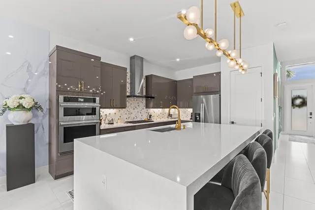a kitchen with kitchen island a sink appliances and a counter top space