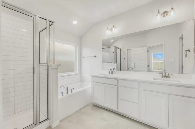 a bathroom with a double vanity sink mirror and shower