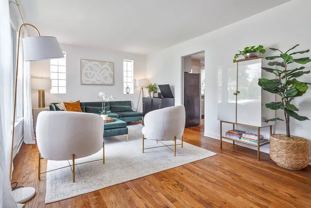 a living room with furniture a wooden floor and a potted plant
