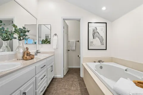 a bathroom with a tub sink and mirror