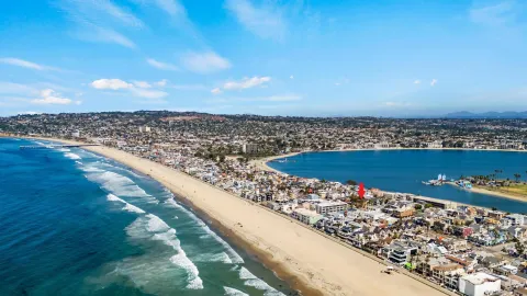 a view of a city and swimming pool