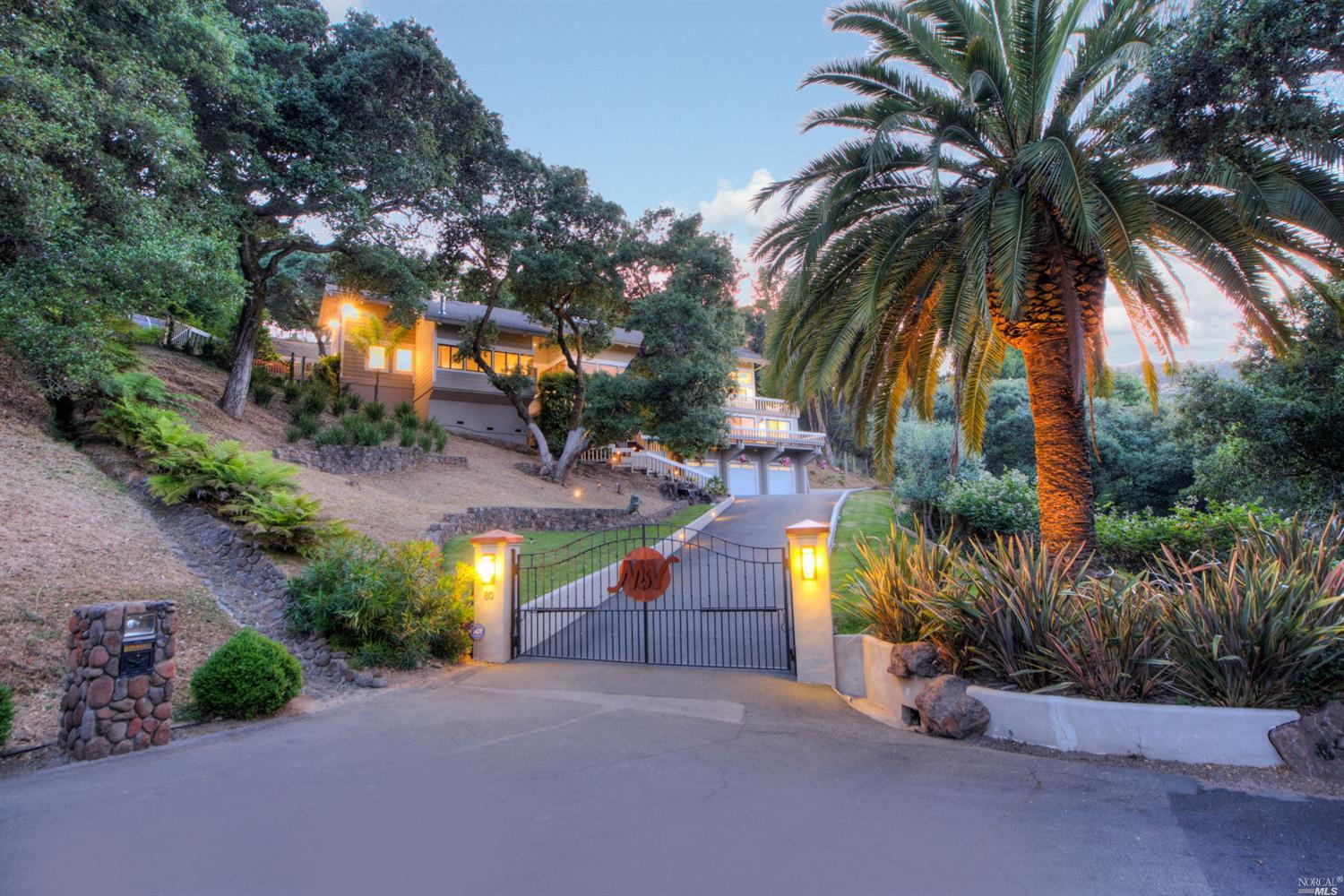 a view of a house with a yard and palm trees