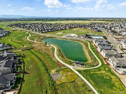 an aerial view of a pool