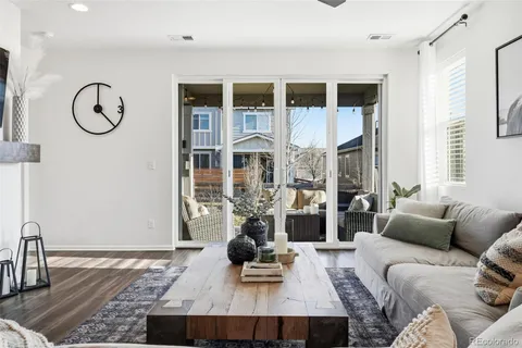 a living room with furniture a rug and a window
