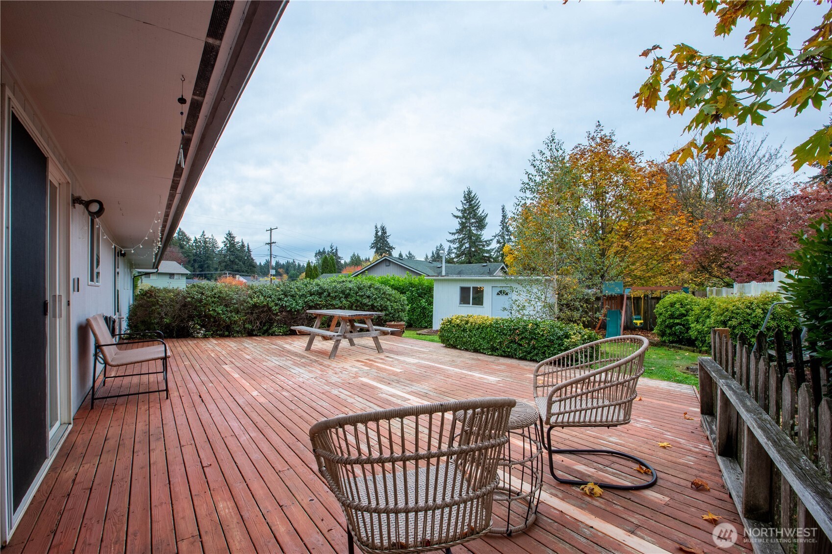 311 Ranger Drive Southeast Lacey, WA 98503 - Photo 27 of 35 a view of a patio with dining table and chairs with wooden floor and fence