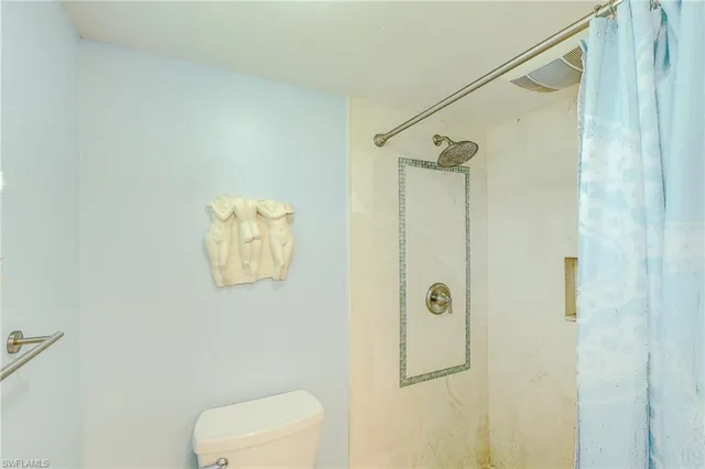 a bathroom with a shower and a toilet