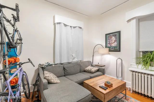 a living room with furniture a rug and a window