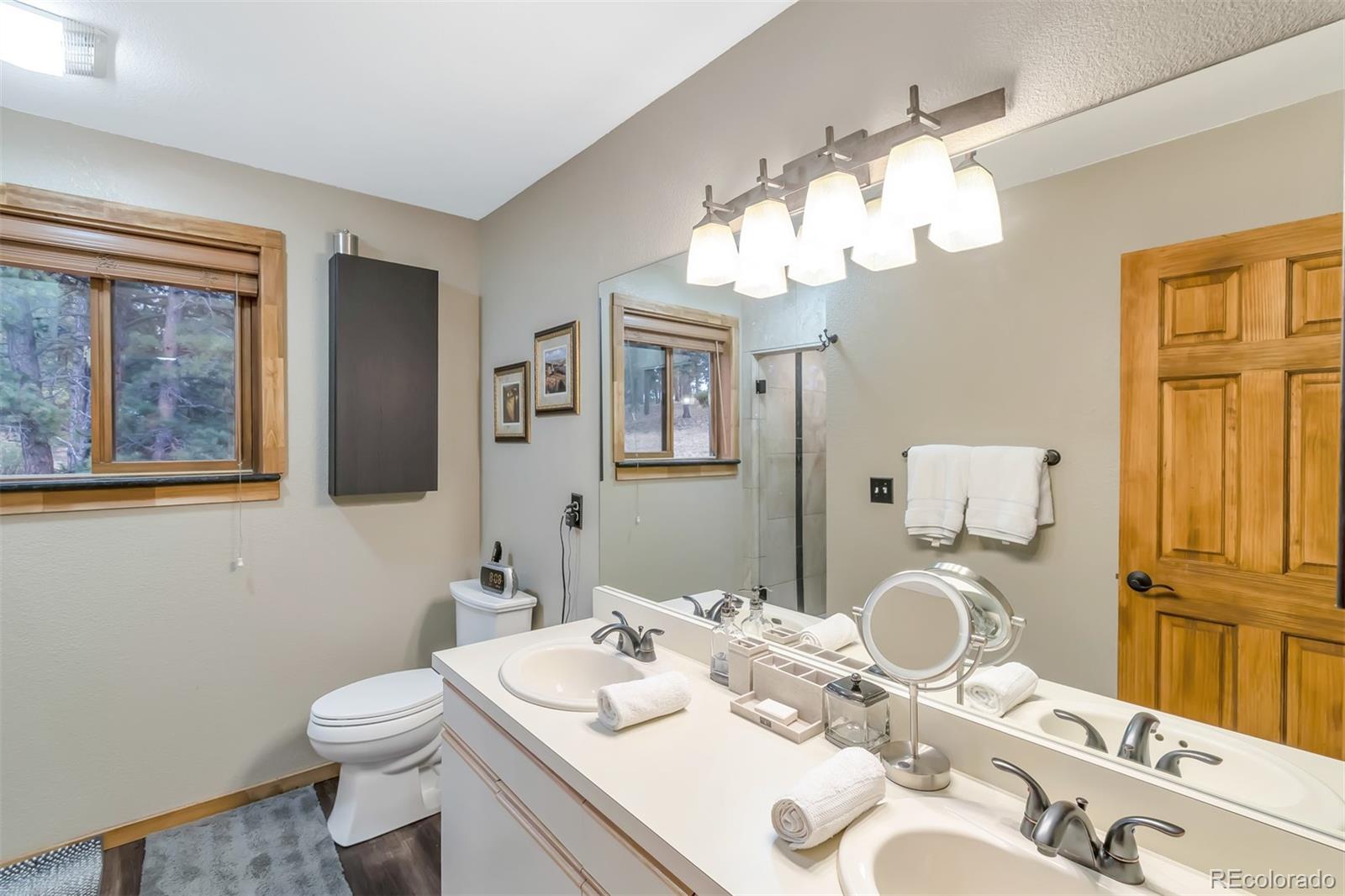 195 Bulldogger Road Bailey, CO 80421 - Photo 16 of 38 a bathroom with a granite countertop toilet sink and mirror