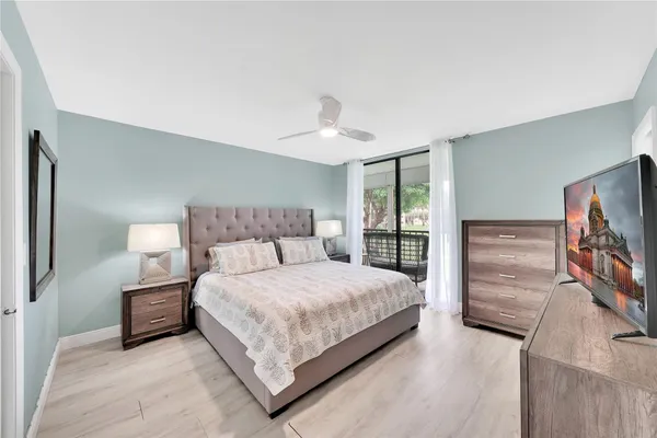 a bedroom with a bed and a walk in closet