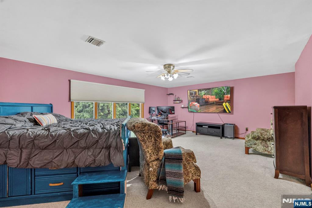 5110 Berkshire Valley Road Oak Ridge, NJ 07438 - Photo 23 of 49 a bedroom with furniture a flat screen tv and a ceiling fan