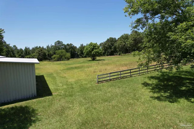 a view of a field with some trees in the background