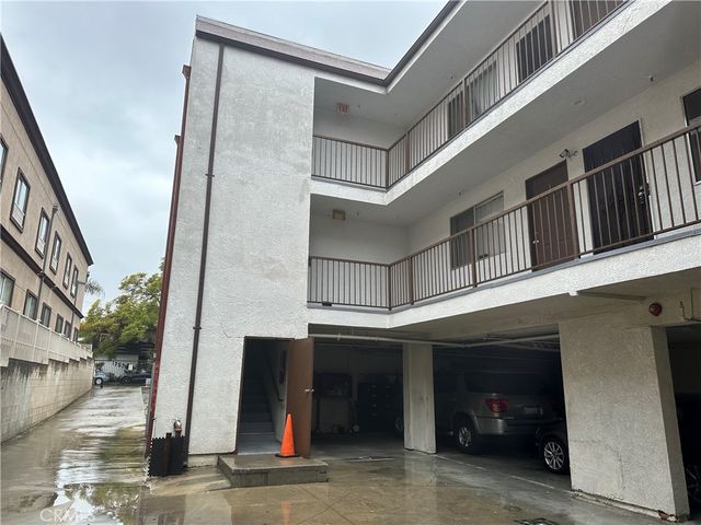 a view of a building from a hallway