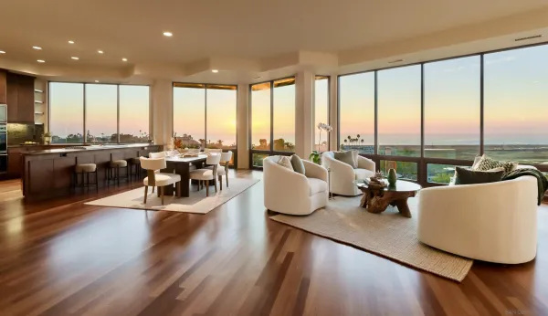 a living room with furniture and floor to ceiling windows