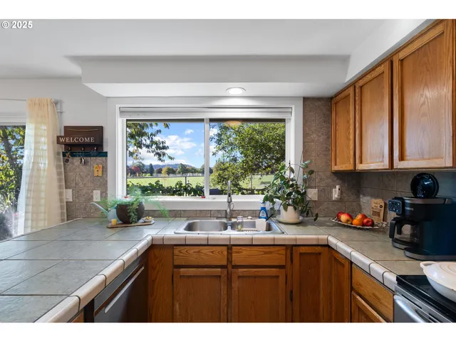 a kitchen with stainless steel appliances wooden cabinets a sink and a large window