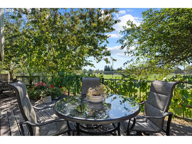 a view of a chairs and table in a backyard
