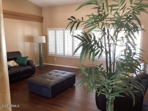 a living room with furniture and a potted plant