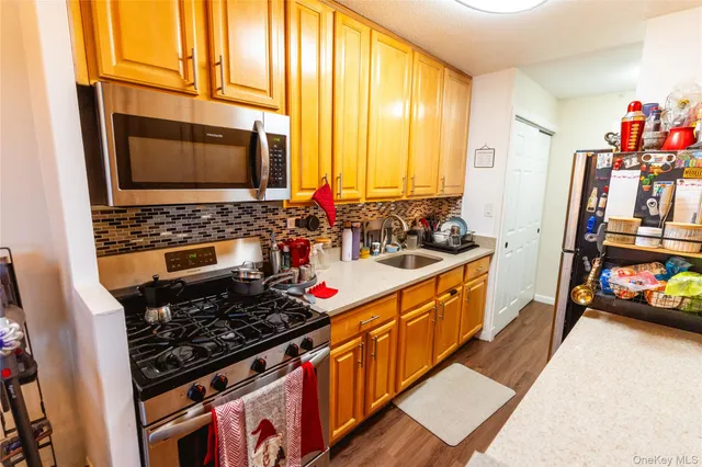 a kitchen with stainless steel appliances a stove a sink and a refrigerator