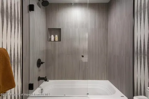 a bathroom with a tub and shower