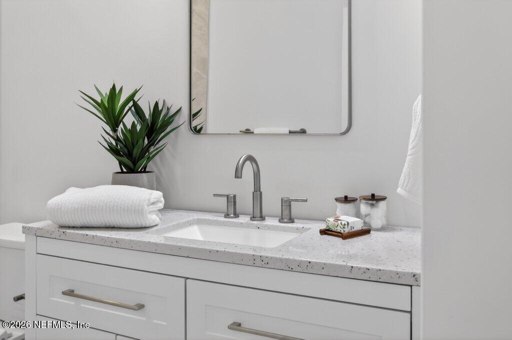 6 Riviera Place Palm Coast, FL 32137 - Photo 63 of 132 a bathroom with a potted plant on the counter and mirror