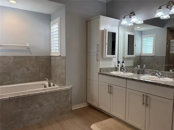 a bathroom with a tub a sink and mirror