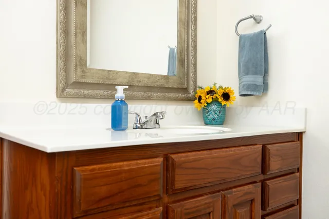 a bathroom with a sink and a mirror