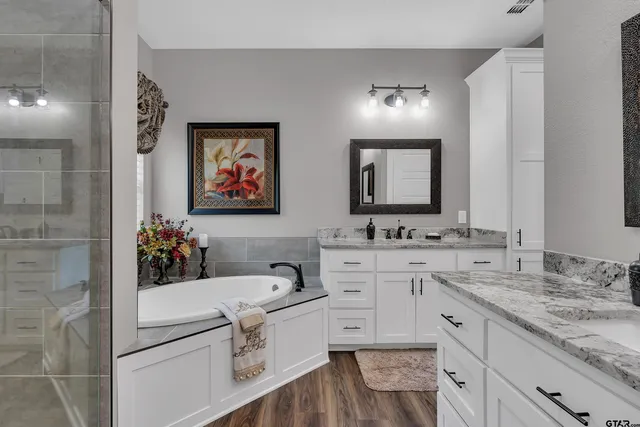 a bathroom with a granite countertop sink a large mirror and a shower