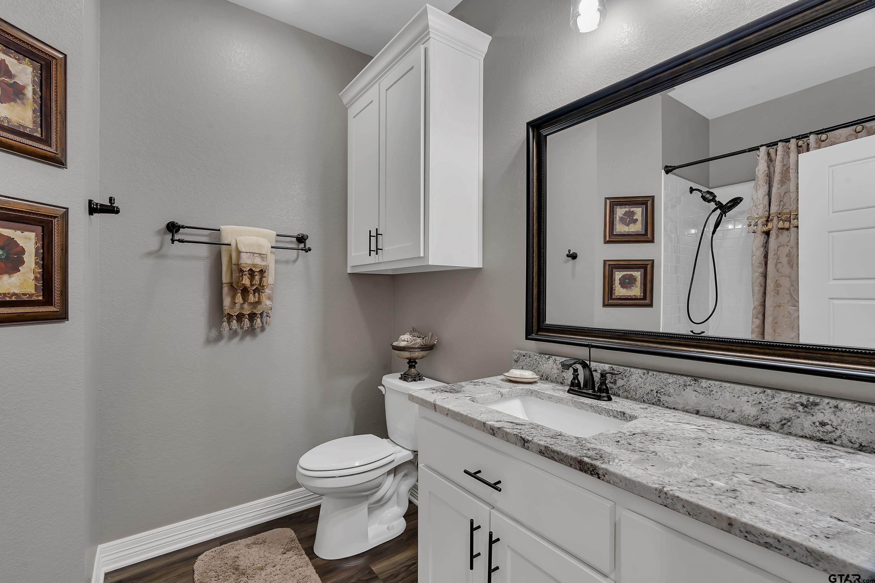 8199 Cr 314 Street South Laneville, TX 75667 - Photo 30 of 47 a bathroom with a granite countertop sink toilet and shower