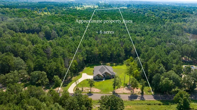 an aerial view of residential house with outdoor space and trees