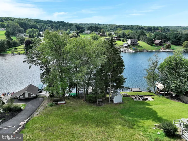 an aerial view of residential houses with outdoor space and trees