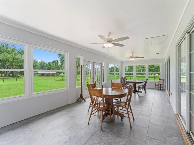 a view of a dining room with furniture window and outside view