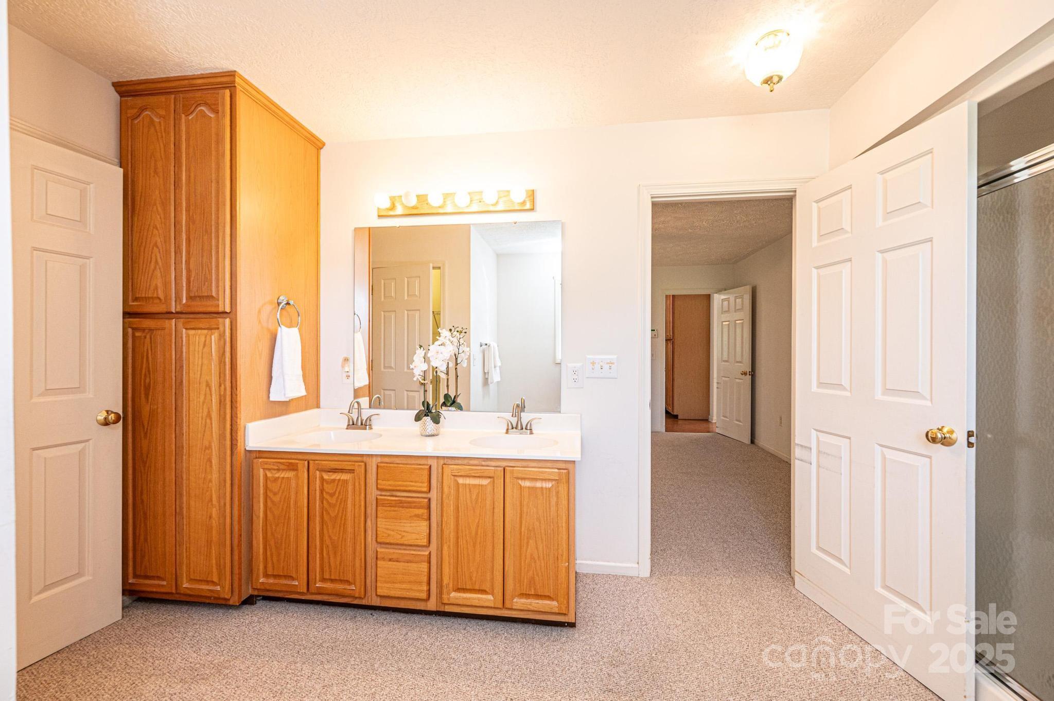 227 Robert Keever Road Stanley, NC 28164 - Photo 37 of 45 a bathroom with a double vanity sink a mirror and a bathtub