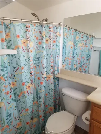 a white toilet sitting next to a shower curtain