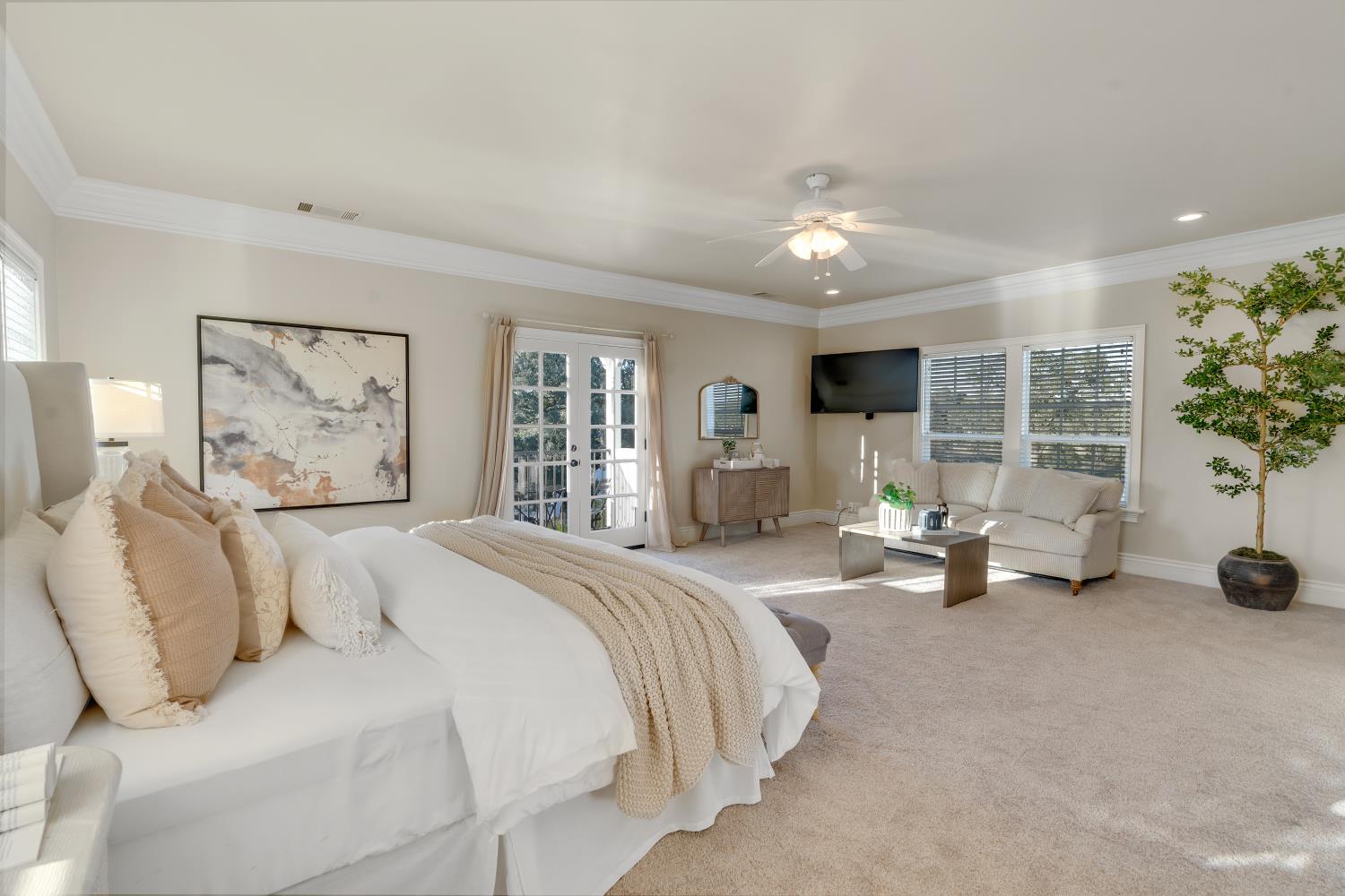 2905 Virginiatown Road Lincoln, CA 95648 - Photo 25 of 86 Carpeted room featuring crown molding, double French doors, large windows with horizontal blinds, a ceiling fan, and recessed lighting