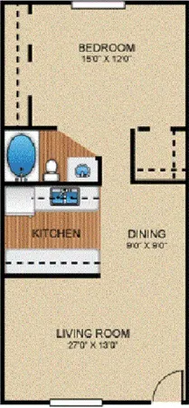 a kitchen with refrigerator and wooden floor