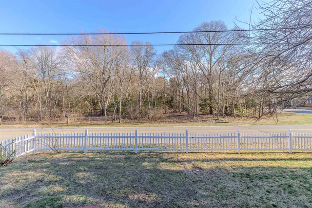 a view of a yard with large trees and a small yard