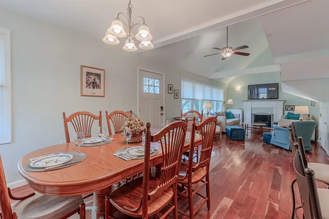 a view of a dining room with furniture