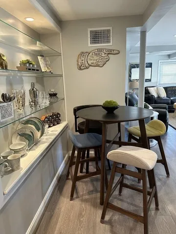 a view of a dining room with furniture